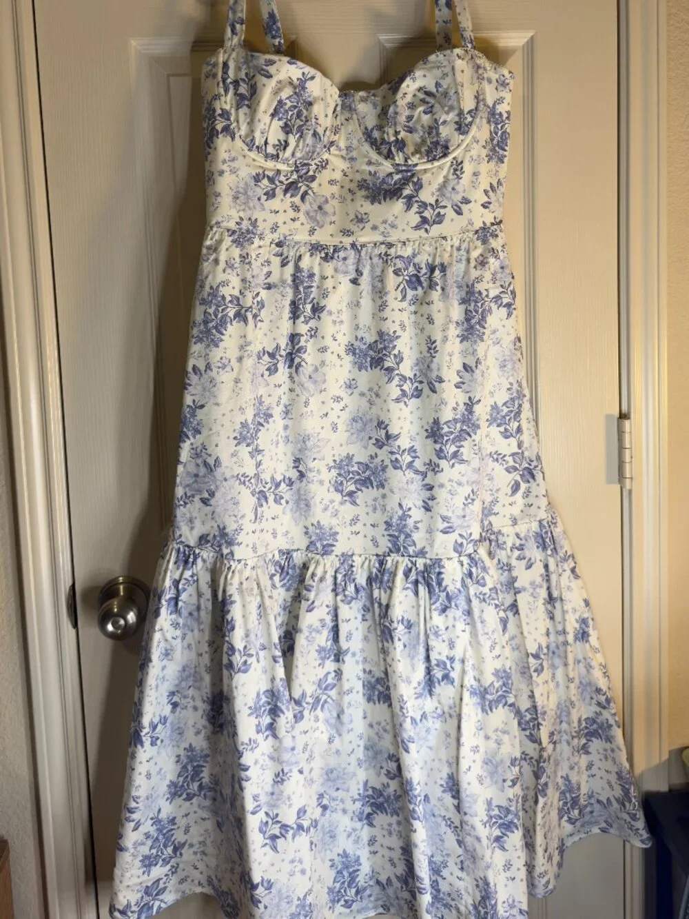 House of CB Charlotte Blue Print Corset Midi Dress Size L Floral Bustier - Picture 1 of 4